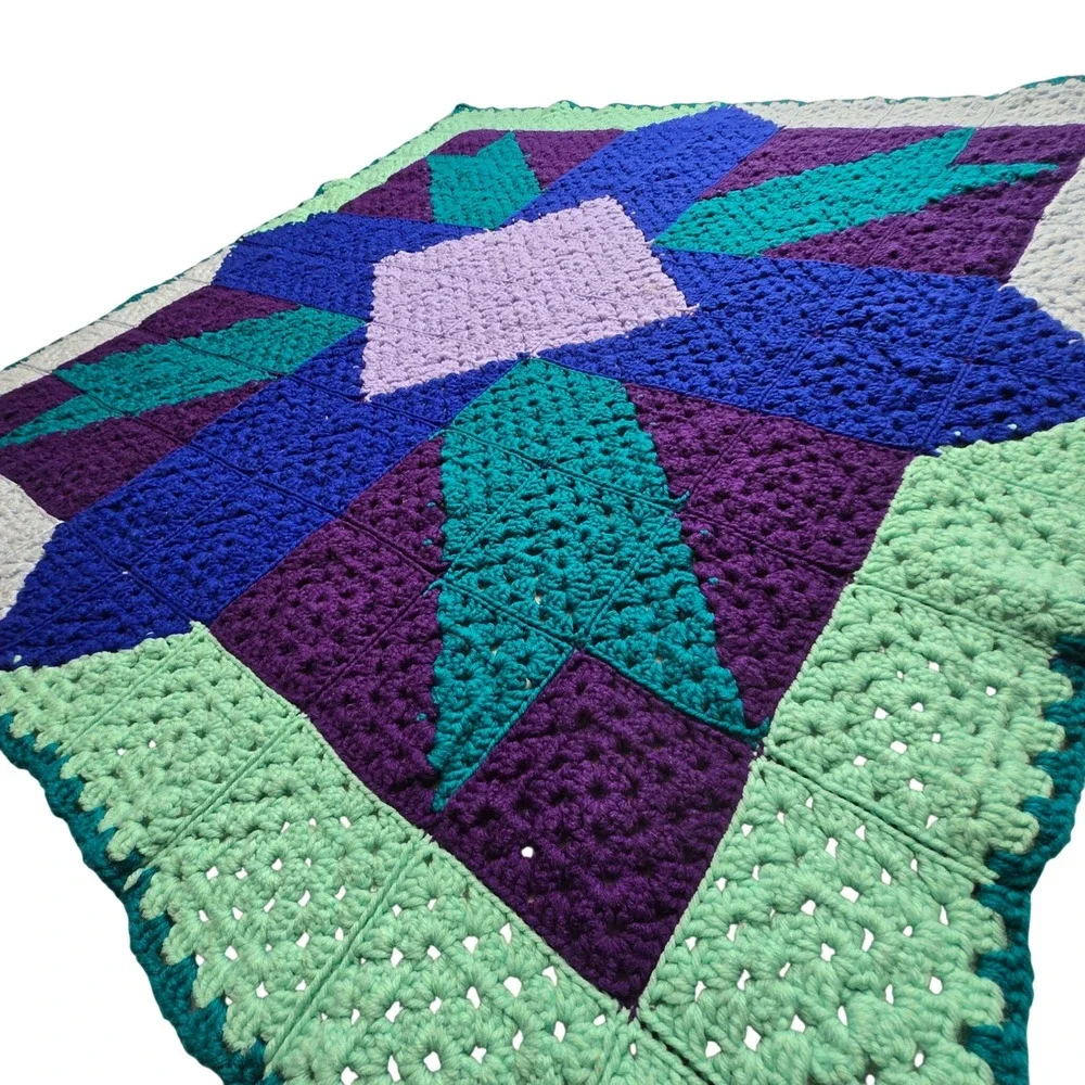 Handmade Crochet Granny Square Lap Blanket Star Pattern Boho Throw 43x43 - Picture 2 of 10